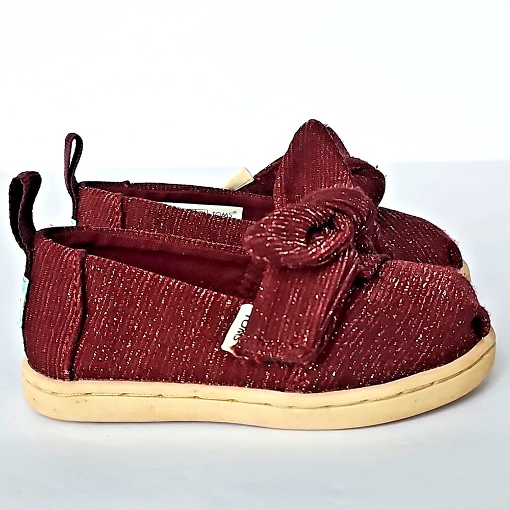 Toddler TOMS Burgundy Shimmer Bow Slip On Alpargata Shoes Size 5 Holiday Sparkle